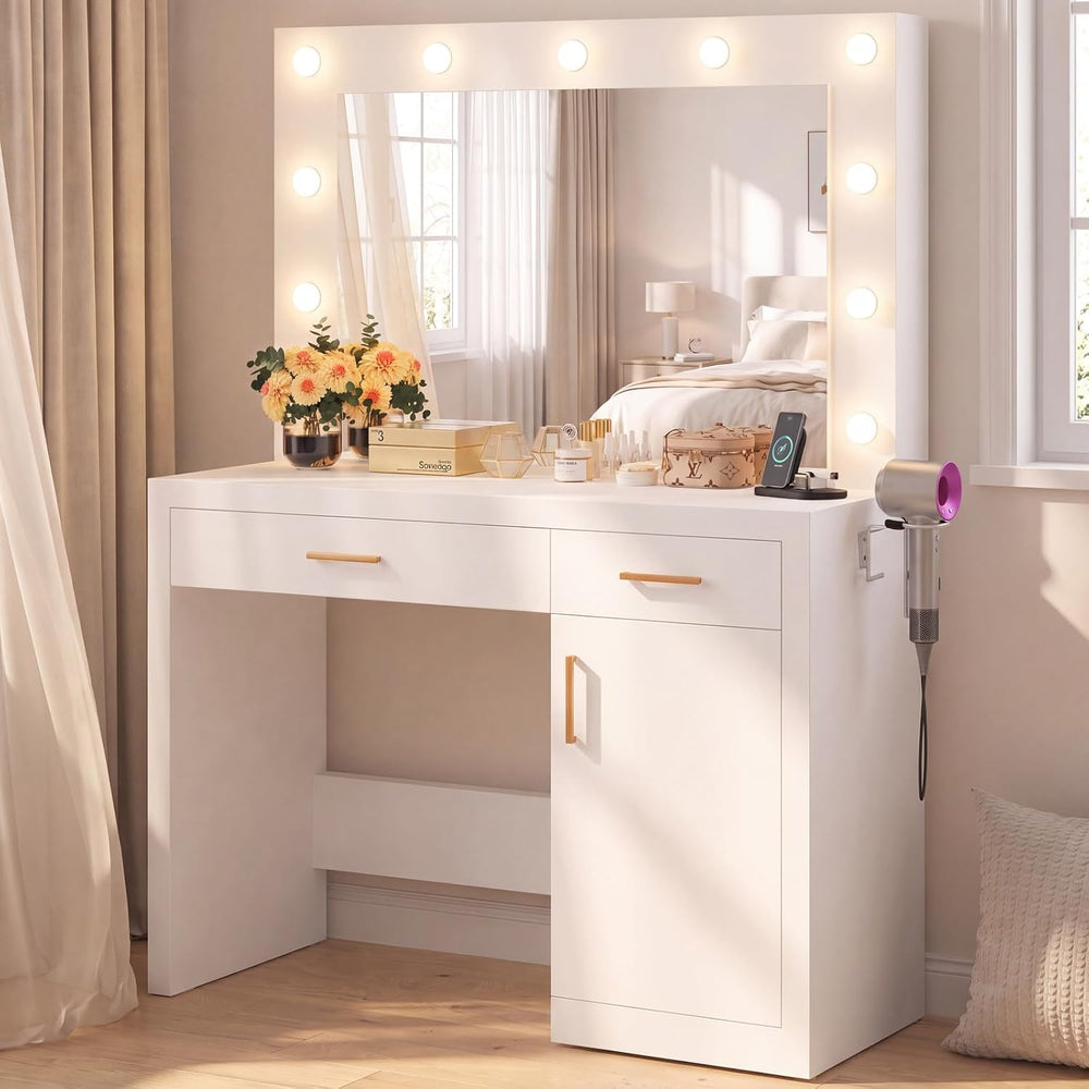 DUMOS Makeup Vanity Desk with Mirror and Lights, Charging Station