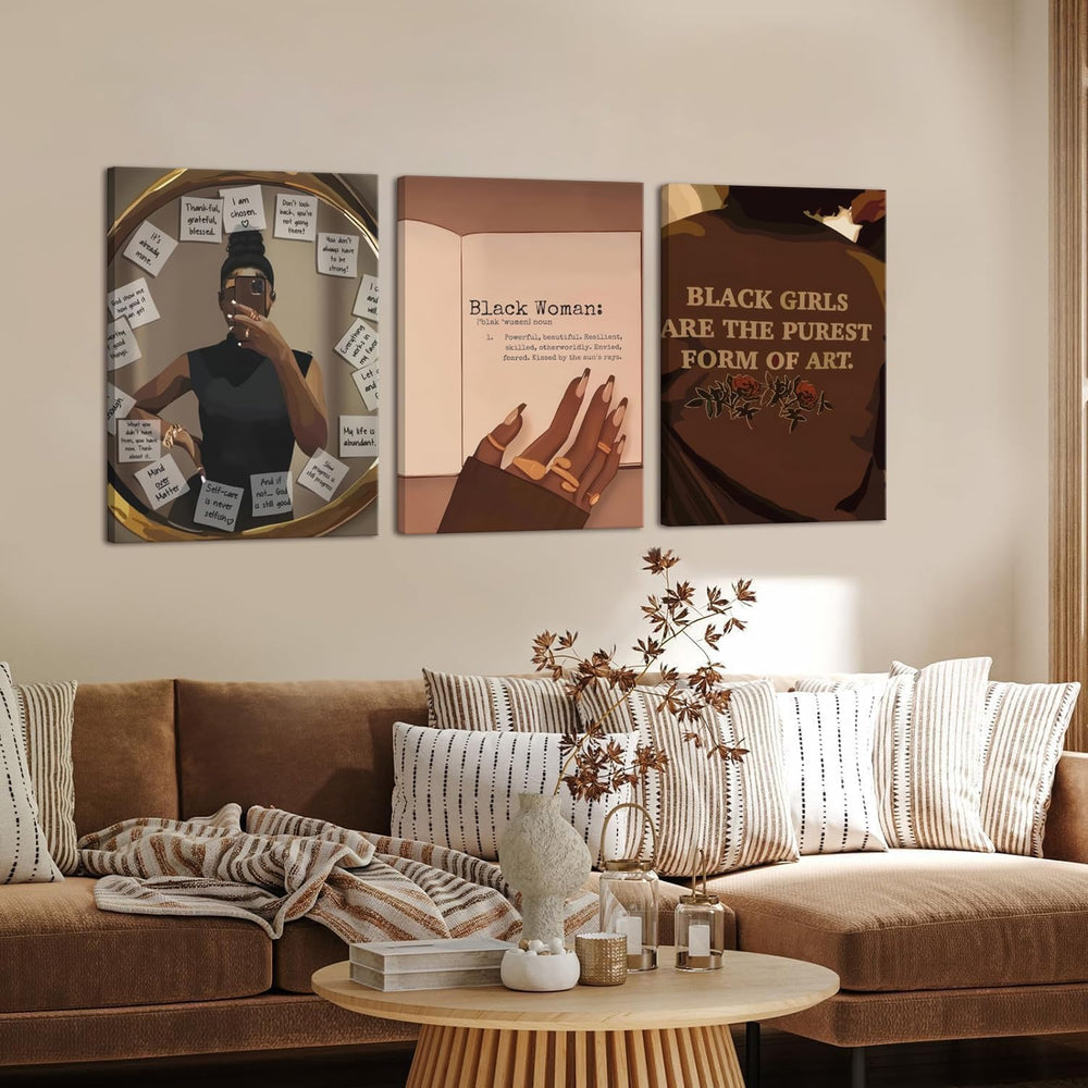Black Girl Wall Art Set of 3 African American Canvas Wall Decor Fashion Abstr...