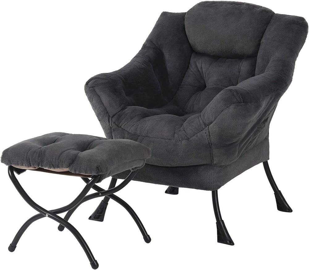 Plush Lazy Chair and Ottoman, Large Dark Grey Contemporary Accent Chair with ...