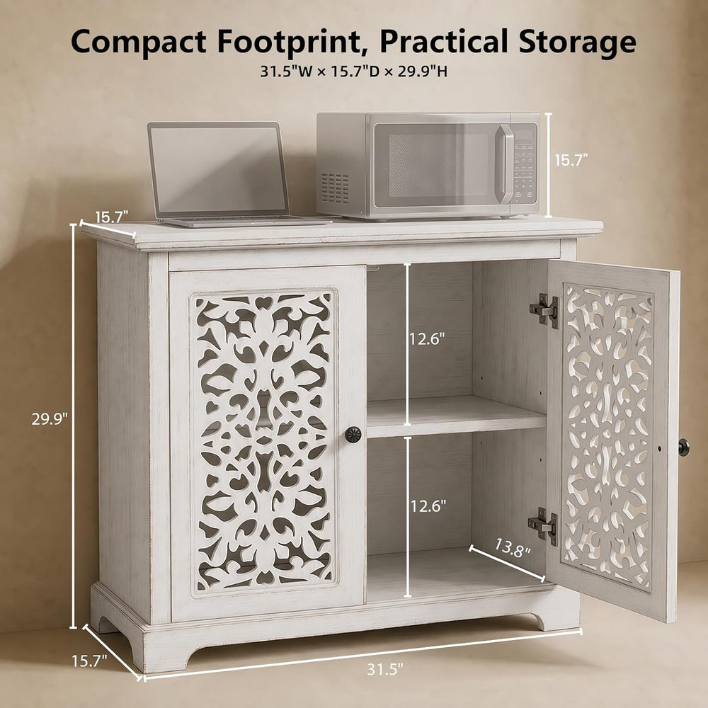 31.5" White Accent Cabinet with Carved 2-Door Storage