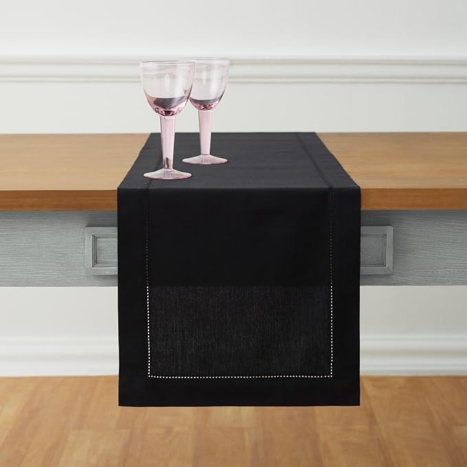 Solino Home Cotton Linen Black Table Runner 72 Inches Long - Hemstitch Table ...