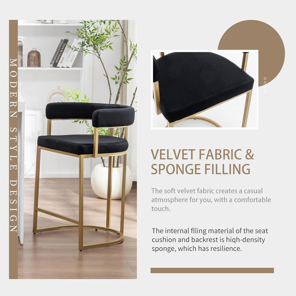 Gold Counter Height Bar Stools Set of 2, Modern Velvet Barstools with Barrel ...