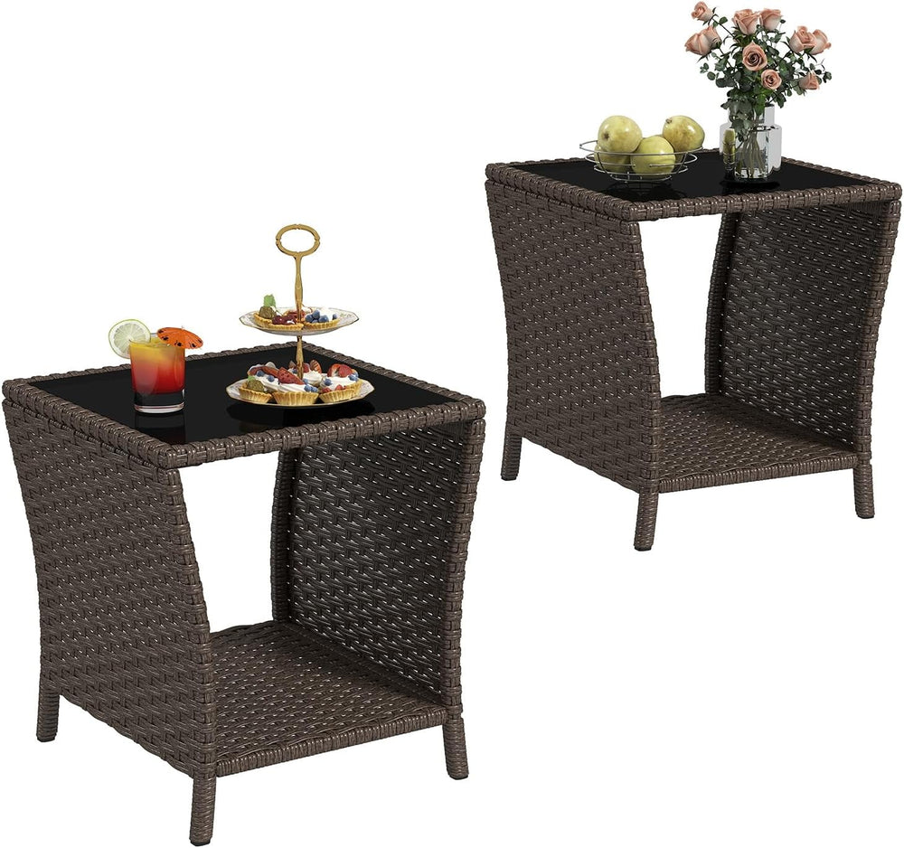 kinbor Set of 2 Outdoor Wicker Side Table, Glass Top & Storage Shelf, Brown