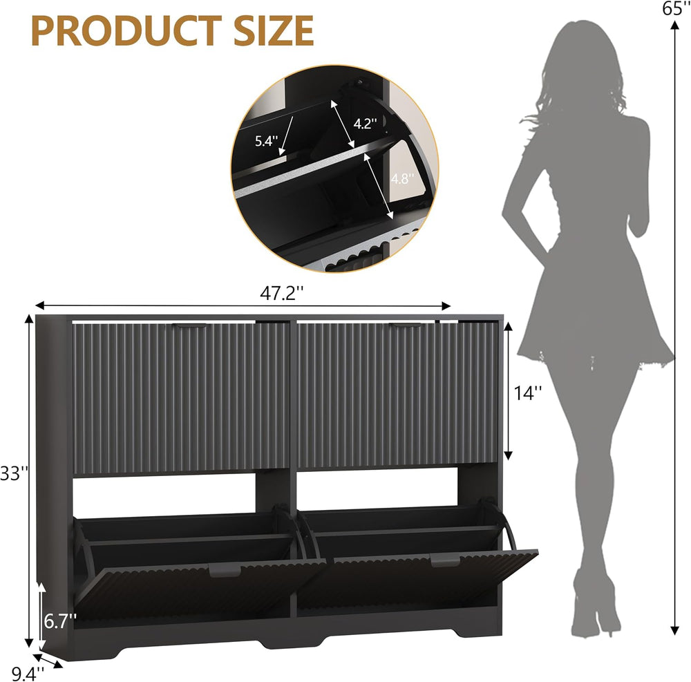 HUANLEGO Shoe Cabinet Storage for Entryway with 4 Flip Drawers, Black Fluted ...