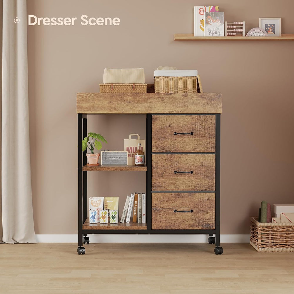 Yetom Changing Table, 3 Drawers&2 Shelves, Changing Table Dresser, Brown