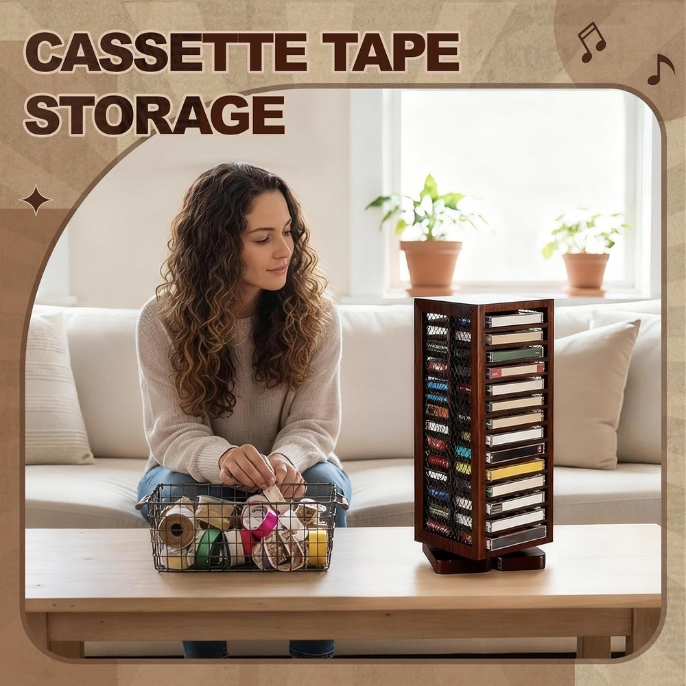 Ripeng Cassette Tape Holder, 28 Capacity 360° Rotating, Rustic Brown