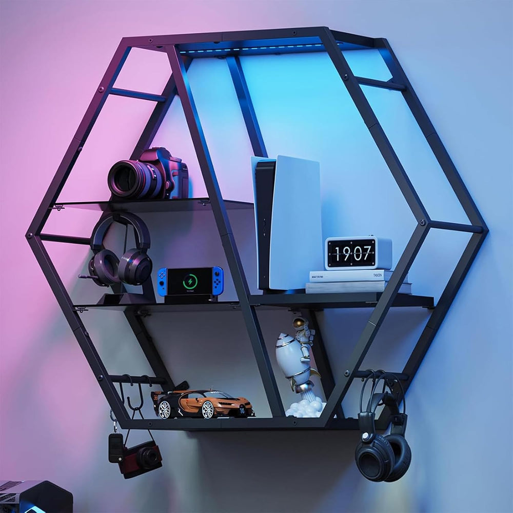 MAHANCRIS Gaming Floating Shelf with LED Lights and 4 Hooks