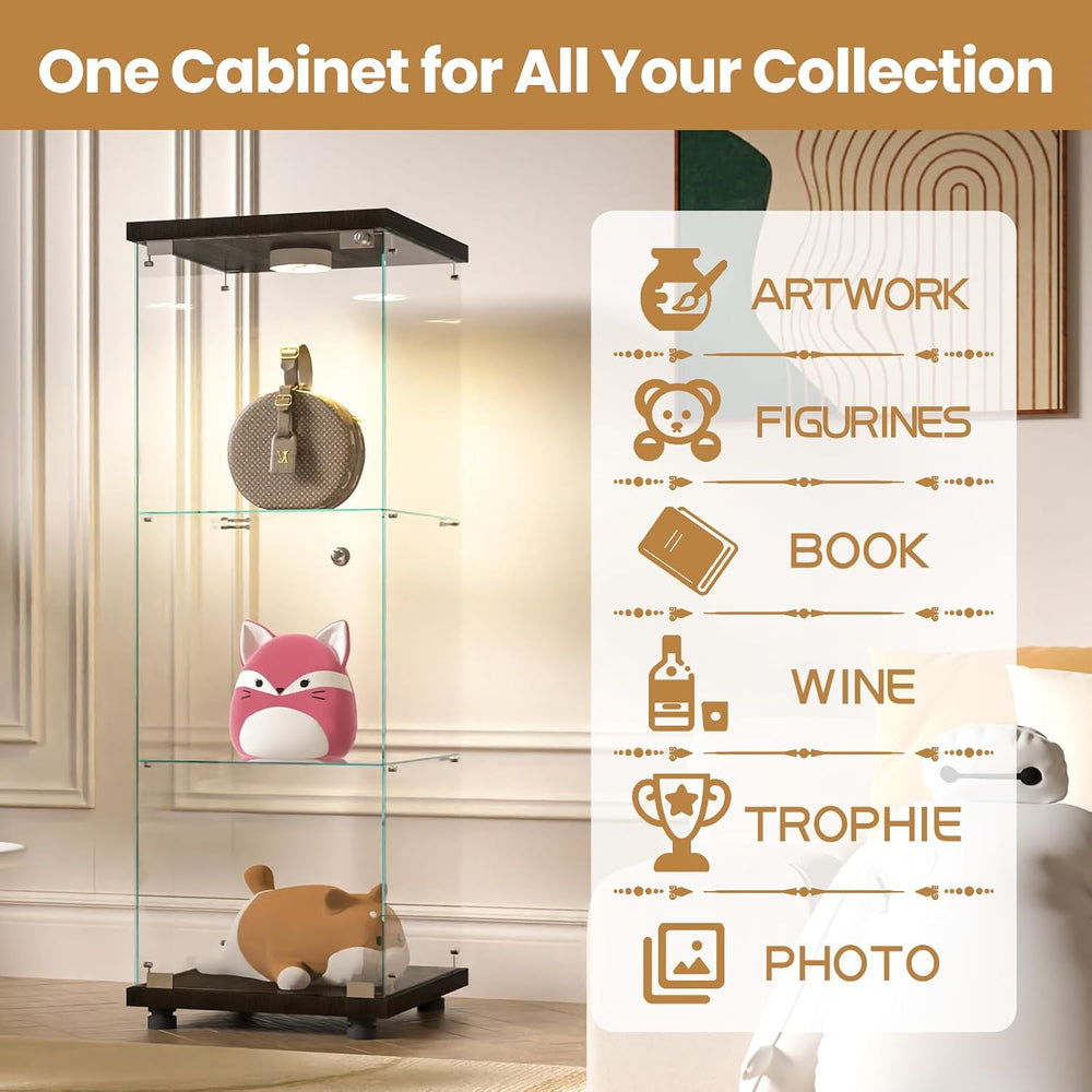 FANYUSHOW Glass Display Cabinet with LED Light & Lock, 1-Door 3-Shelf Black