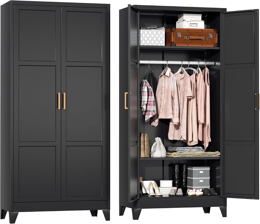 Superday Metal Wardrobe Closet, 72" H Bedroom Armoires with Wooden Handl...