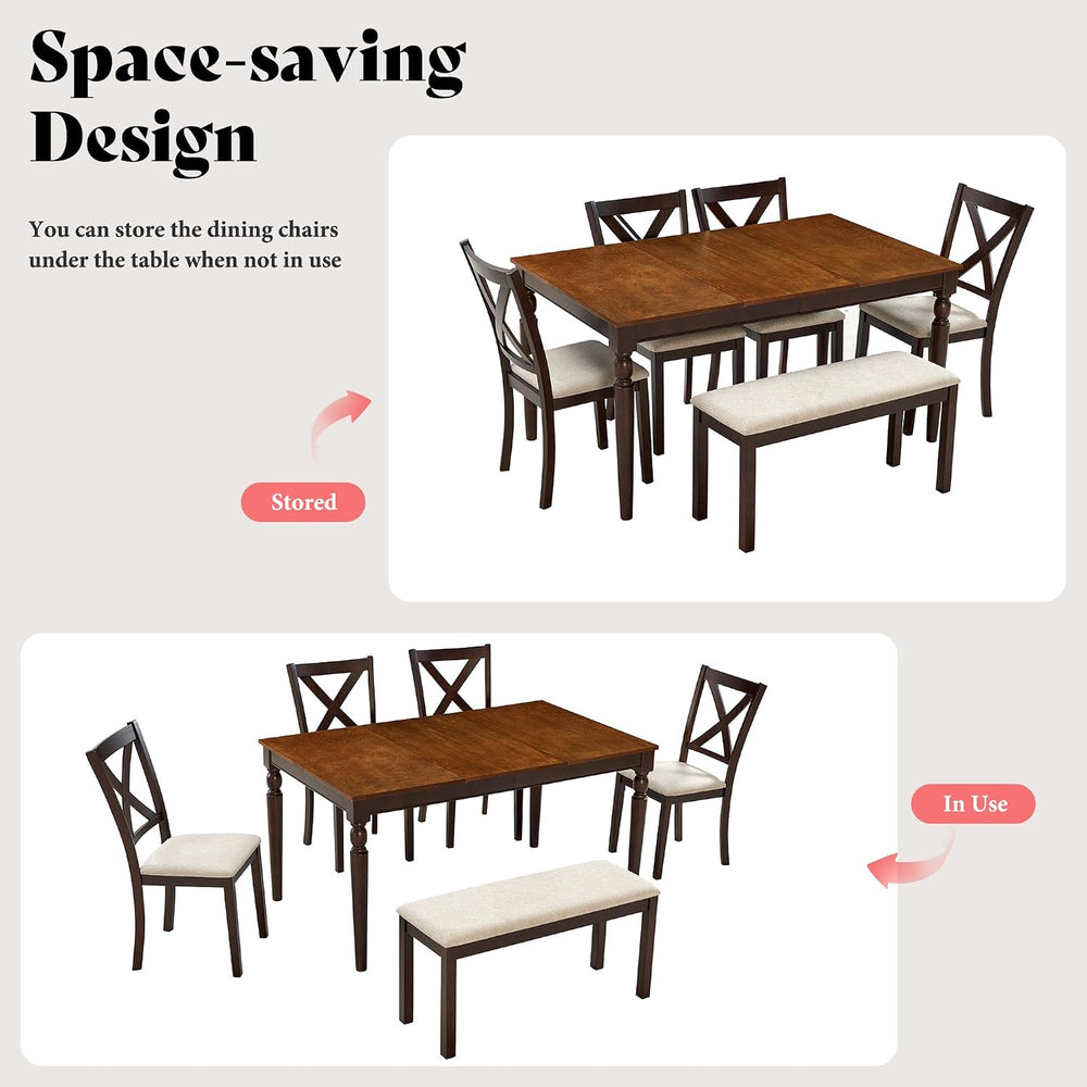 AMERLIFE 6 Piece Farmhouse Dining Set with 60" Solid Wood Table, Brown