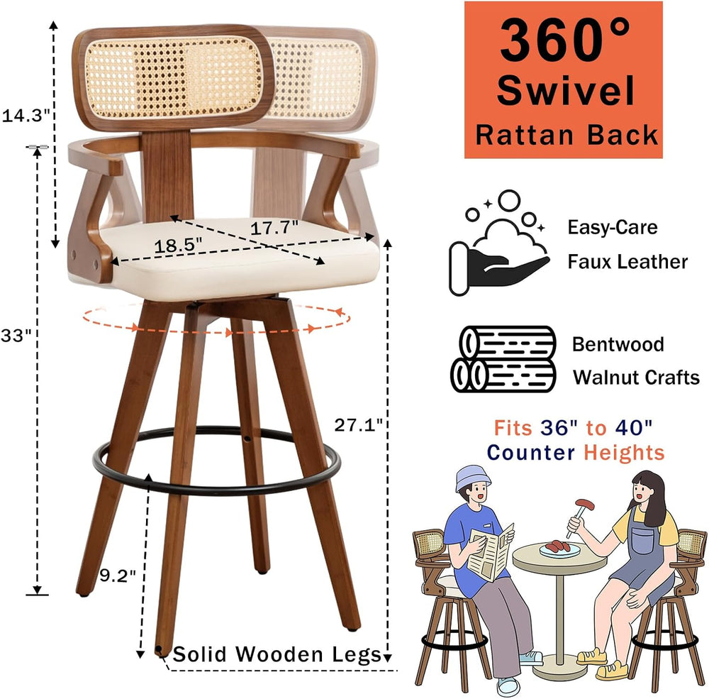 Mid Century Bar Stools, 27 inch Rattan Swivel Counter Stools with Back