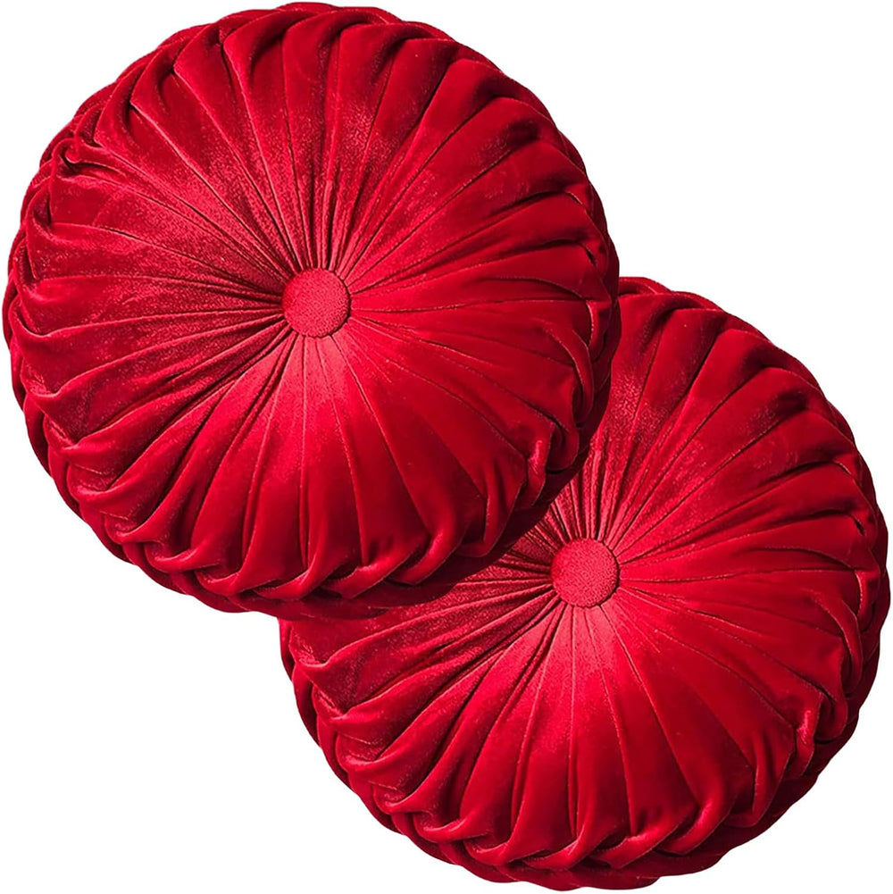 Teieas 2 Pcs Round Throw Pillows Decorative Velvet Pleated Pillow Red