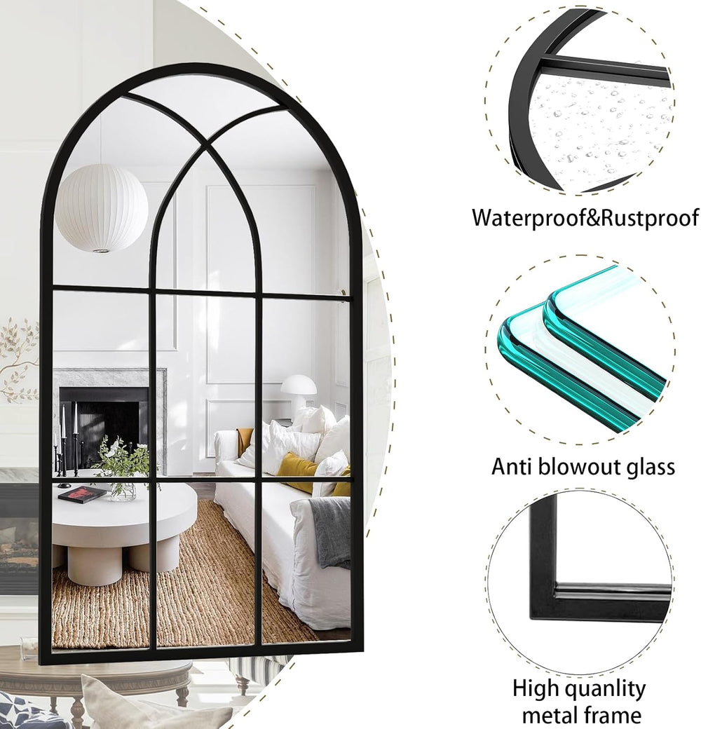 Rowjut Arched Top Window Glass Wall Mirror 42" x 24" Black Iron