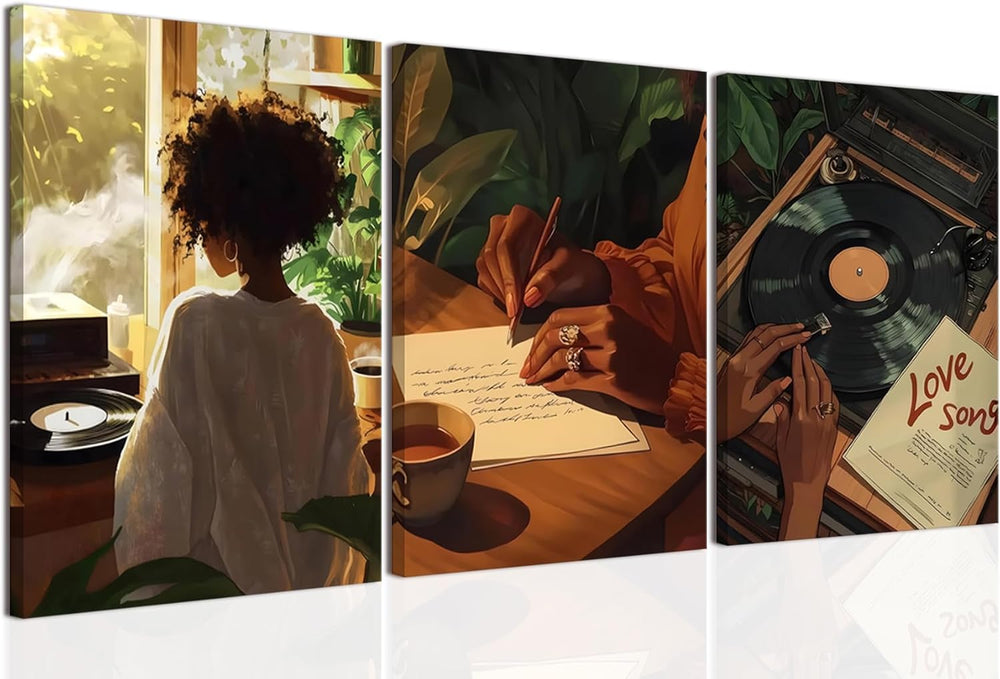 Black Girl Canvas Wall Art Set of 3 Trendy African American Women Music Poste...
