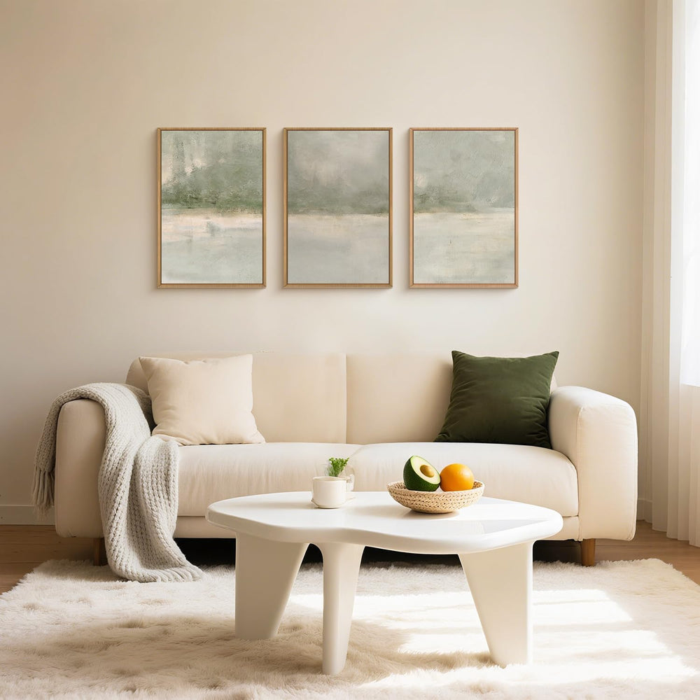 FWIEXA Grey Green Abstract Canvas Wall Art Set 3, Neutral Landscape Framed Pr...