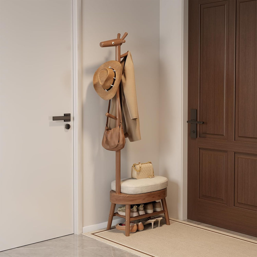 AQIMUELE Shoe Bench with Coat Rack, Shoe Rack with 9 Hooks, Walnut