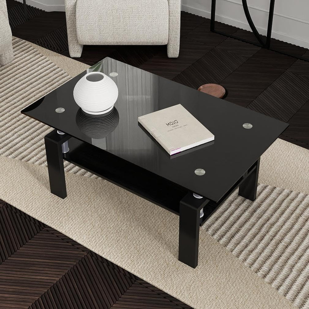 IANIYA Modern Living Room Coffee Table, Glass Center Table, Black