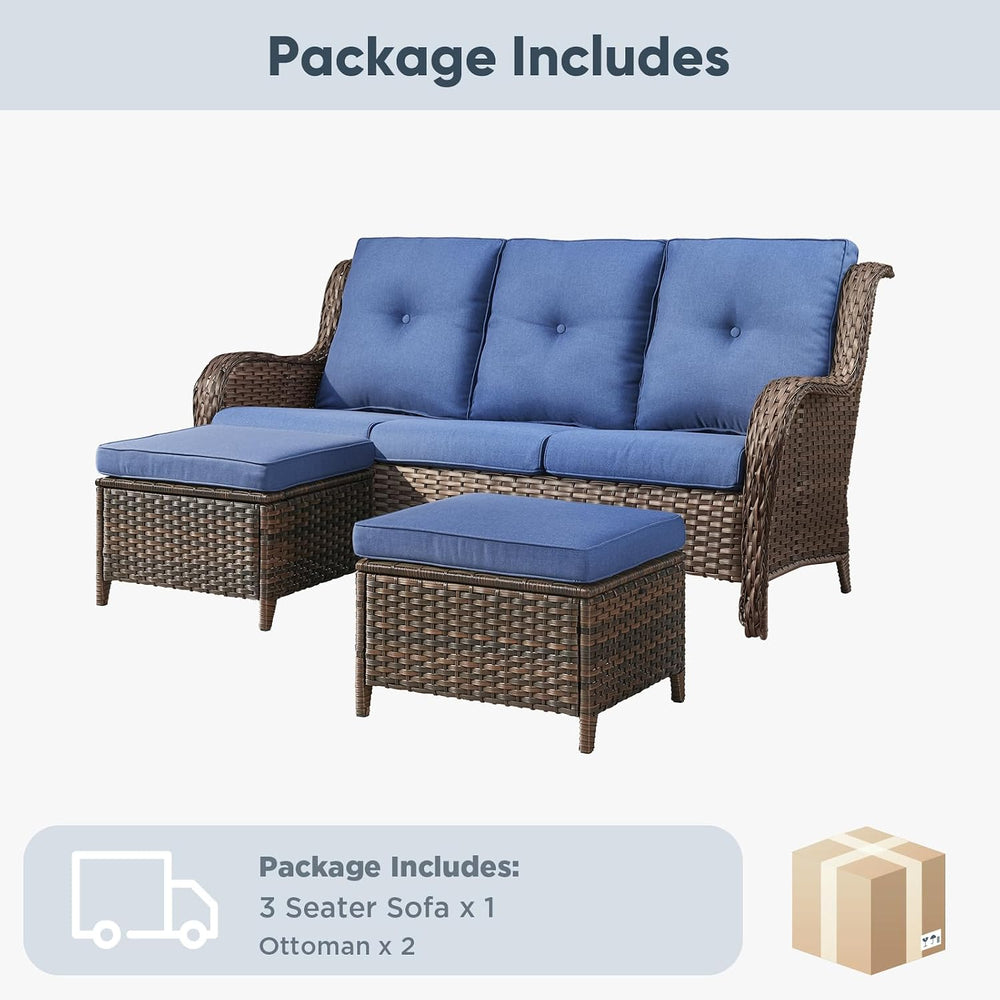 Belord 3-Piece PE Wicker Outdoor Sofa with 2 Ottomans, Luxury Patio Couch Con...