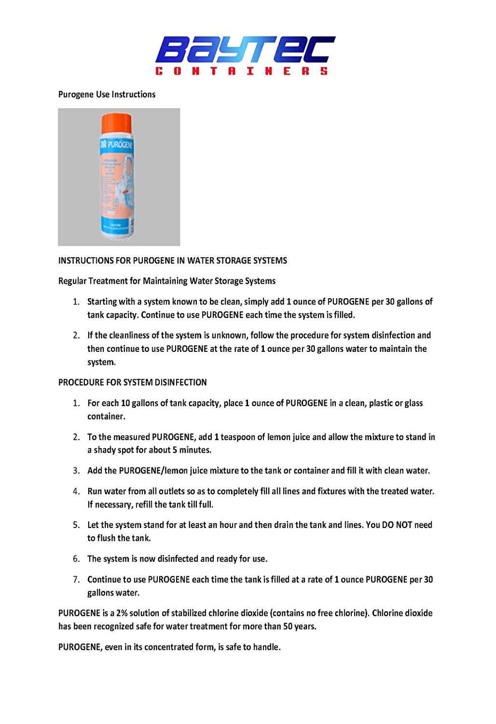 BayTec 16oz Purogene Drinking Water Treatment and Water System Sanitizer. in ...