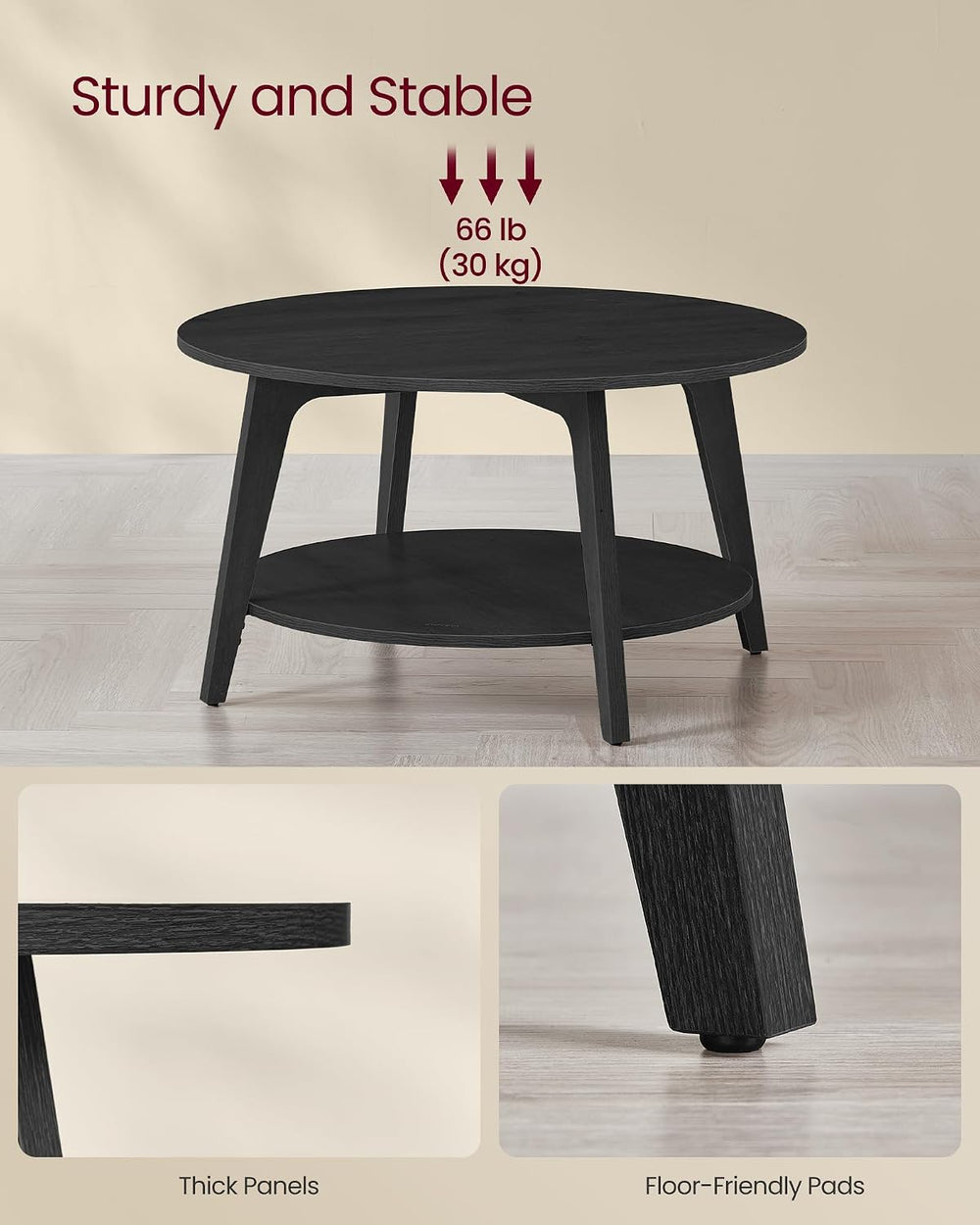 VASAGLE Round Coffee Table, 2-Tier Center Table with Storage, Tapered Legs