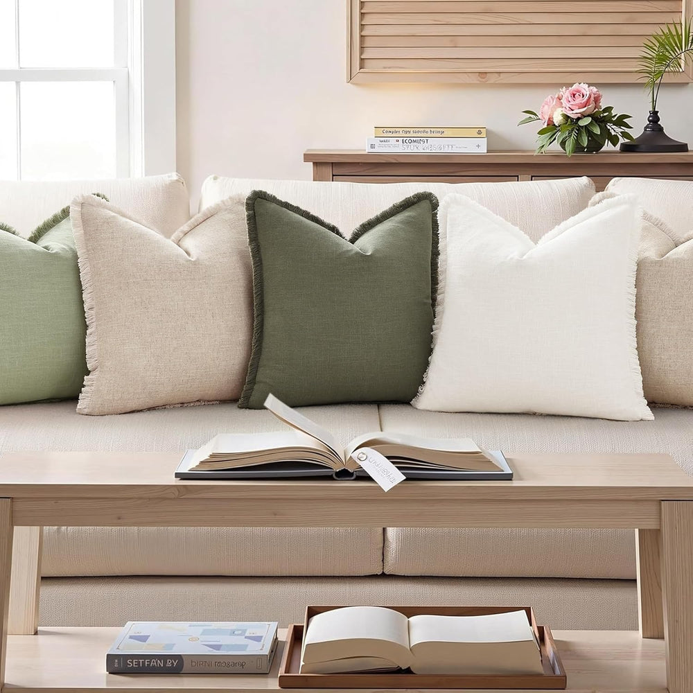 decorUhome Linen Fringe Sage Green Throw Pillow Covers 20x20 Set of 2