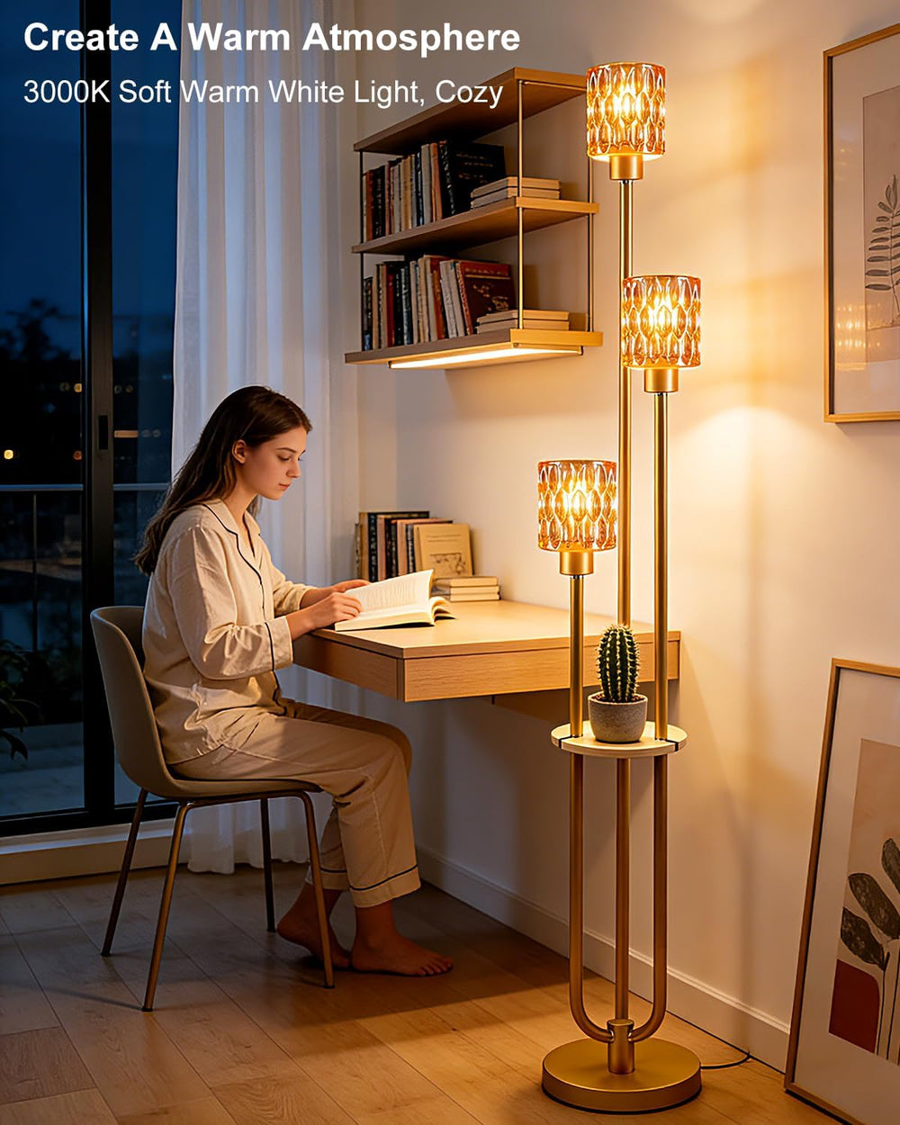 62IN Gold Floor Lamp with Amber Glass Shade 3-Lights Mid-Century Modern Farmh...