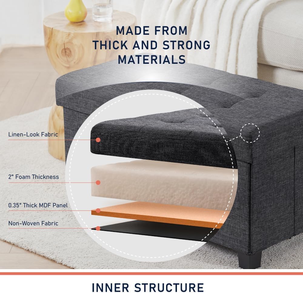 Ornavo Home 30" Large Storage Ottoman Bench with Legs, Dark Gray