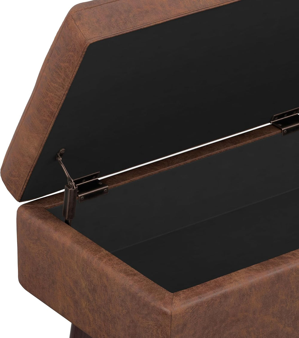 SIMPLIHOME Owen 48" Wide Vegan Leather Lift Top Ottoman in Saddle Brown