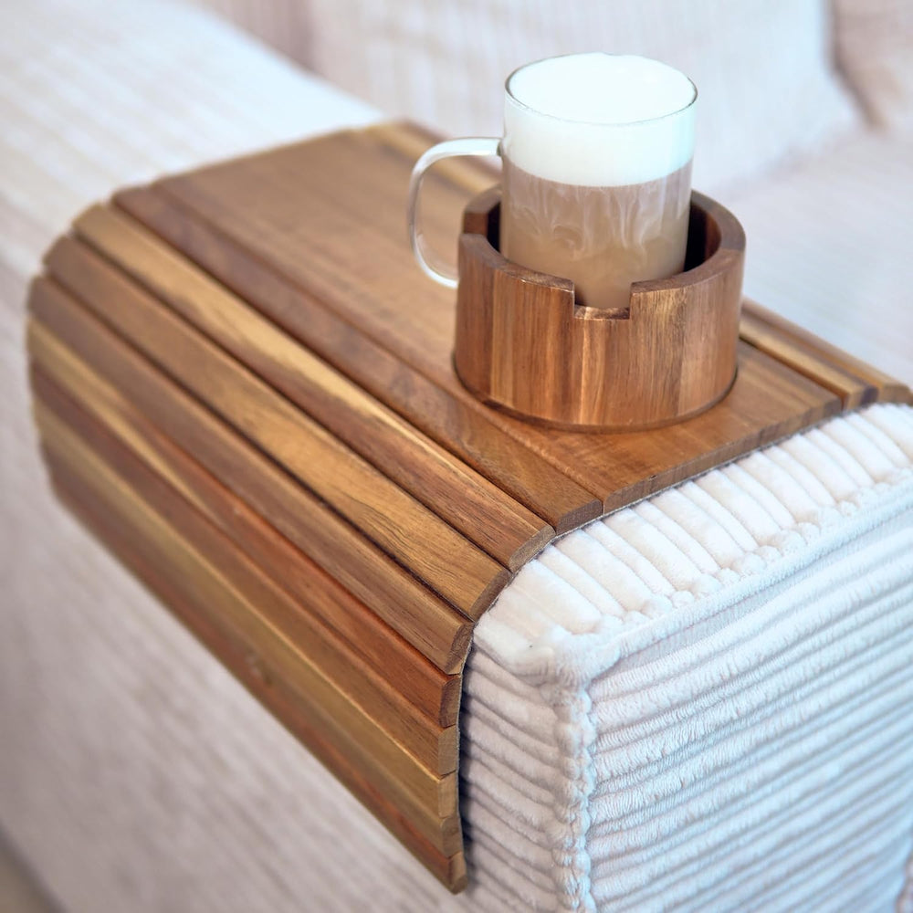 Acacia Couch Arm Tray for Drinks and Snacks with Detachable Cup Holder, Anti ...