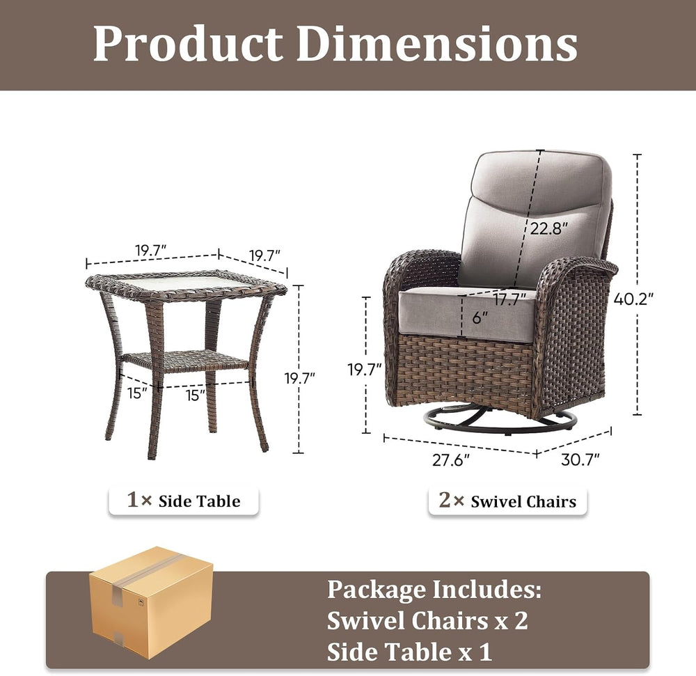3Pc Patio Furniture Set, Swivel Chairs & Side Table Brown/Gray