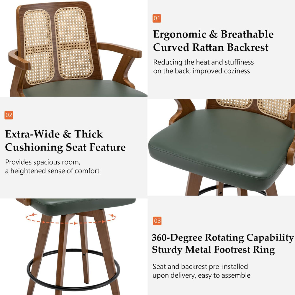 Mid Century Bar Stools, Rattan Swivel Bar Stools with Walnut Finish