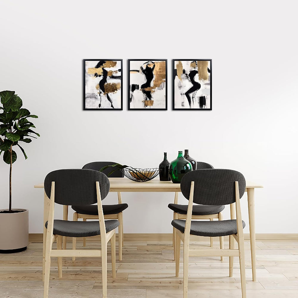 LevvArts Black and Gold Bathroom Decor Abstract Women Wall Art Set of 3 Black...