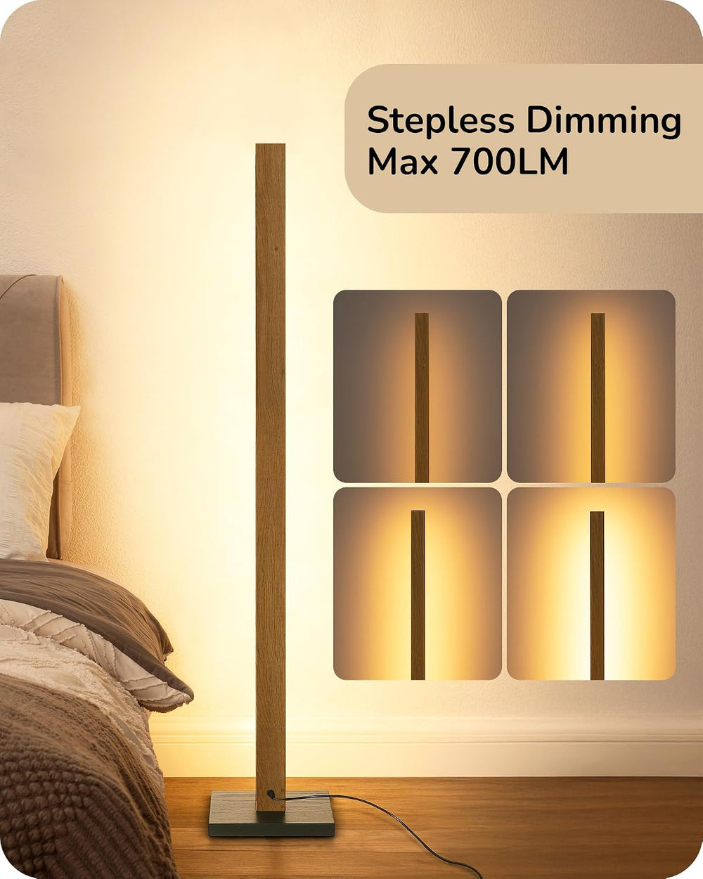 EDISHINE 48.43" Wooden LED Corner Floor Lamp with Remote, Dimmable &...
