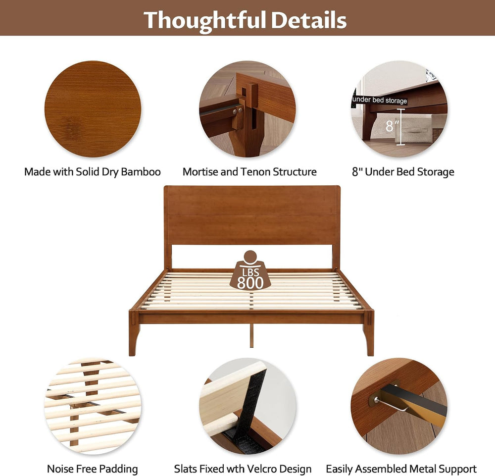 Merax Queen Size Bamboo Platform Bed Frame with Tall Headboard, Brown