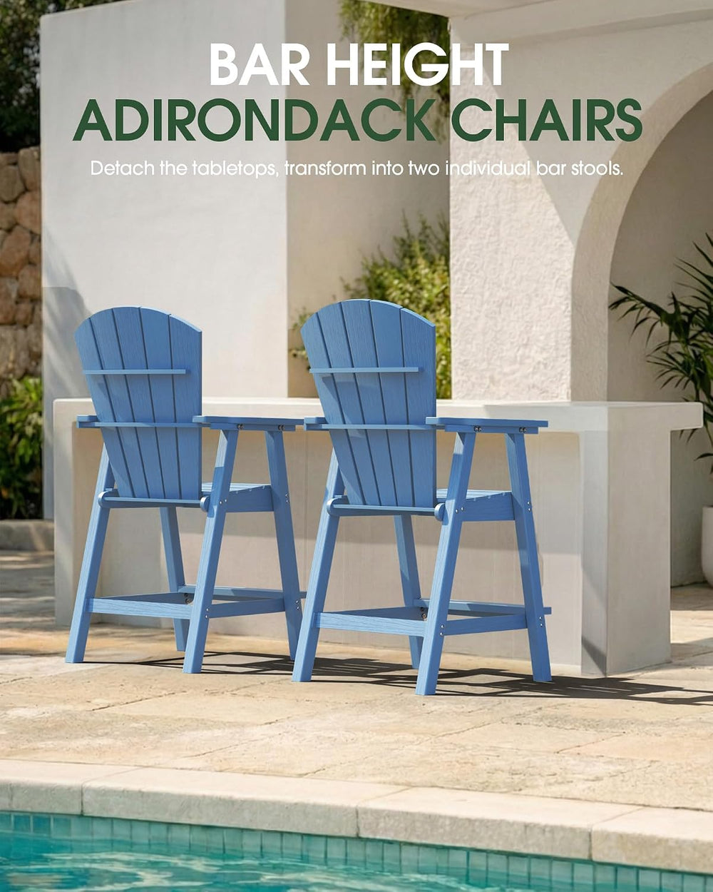 Tall Adirondack Chairs Set of 2 with Double Removable Trays, Blue