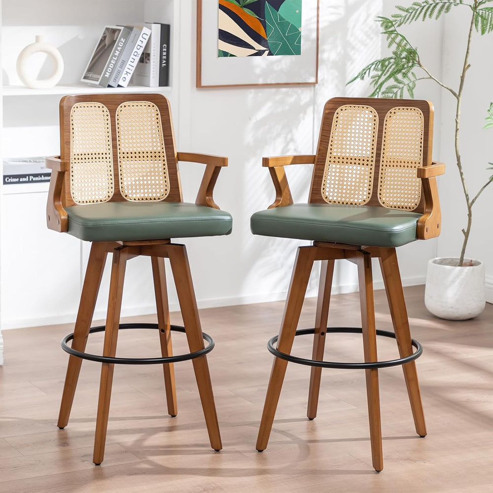 Mid Century Bar Stools, Rattan Swivel Bar Stools with Walnut Finish