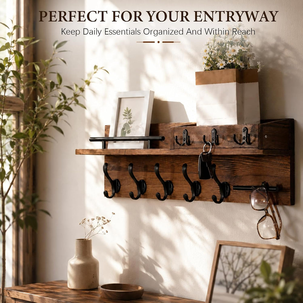 Wall Mount Wooden Coat Rack with Shelf, Entryway Key Hook Rack for Hallway