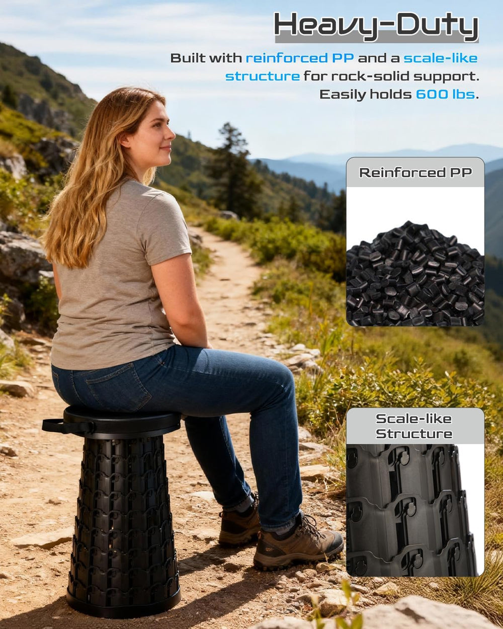 18-in Collapsible Stool,Portable Telescoping Seat for Adults,880lb Capacity