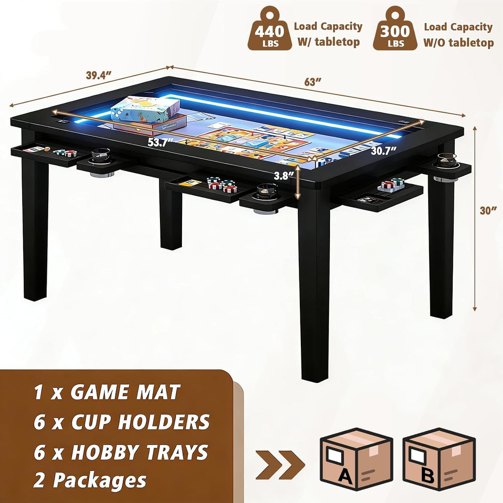 Solid Wood Board Game Table with Colorful Led Lights, Dining/Gaming Table