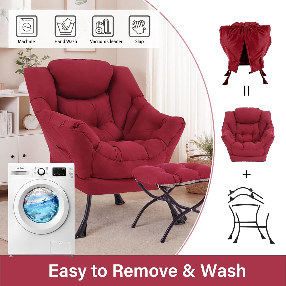 Lazy Chair with Ottoman, Soft Comfy Chair for Bedroom, Burgundy