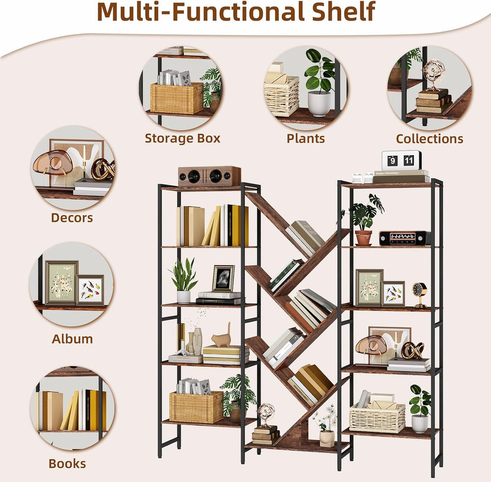 Somdot Triple 5 Tier Bookcase, 17 Open Display Shelves Industrial Bookshelf