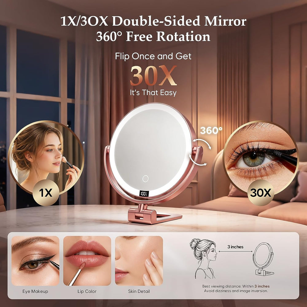 1X/30X Makeup Mirror with Lights, Magnifying Mirror (Rose Gold)