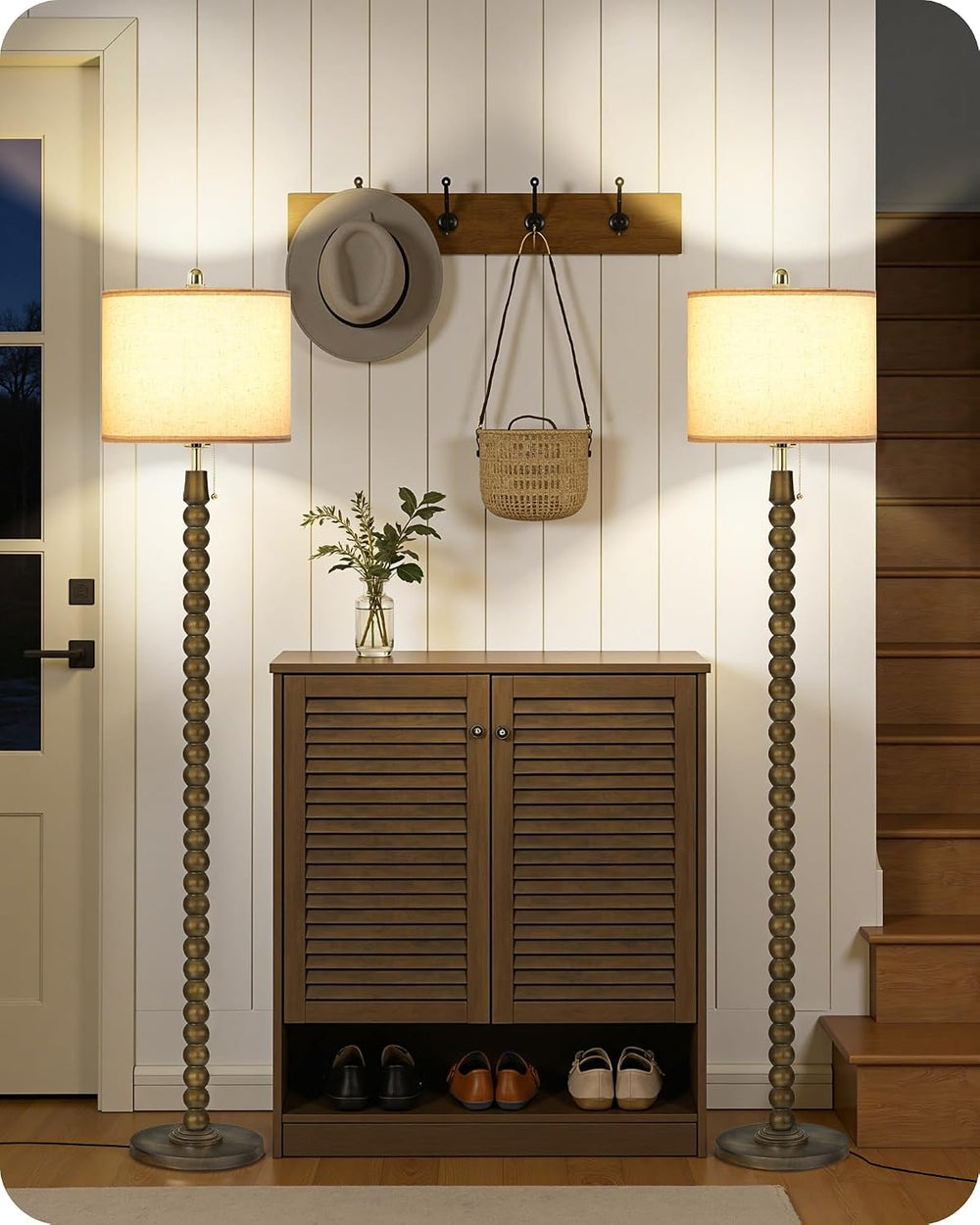 65" Solid Wood Beaded Floor Lamp with Pull Chain Switch, 3CCT, Walnut Green