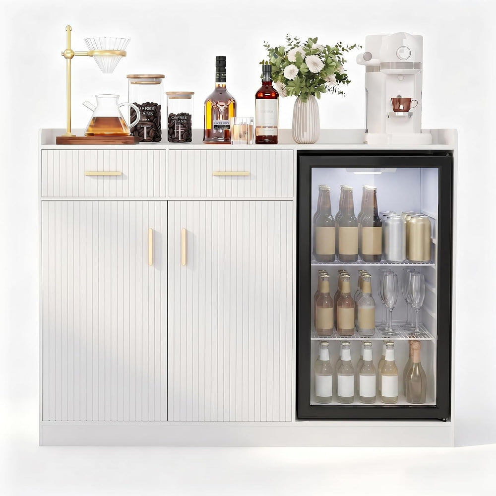 Coffee Bar Cabinet with Fridge Space, Fluted Wine Cabinet with Power Outlet