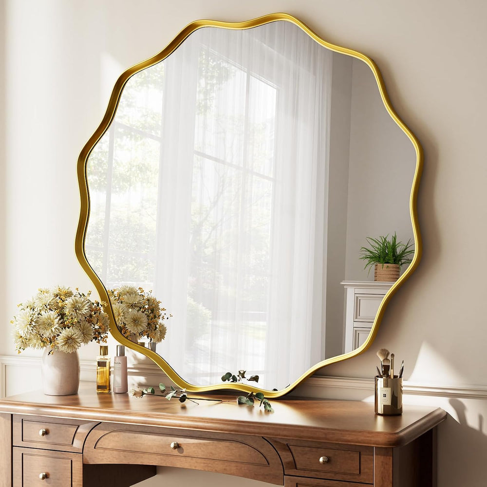 Gold Scalloped Circle Mirror, 42" Wavy Edge Round Wall Mirror