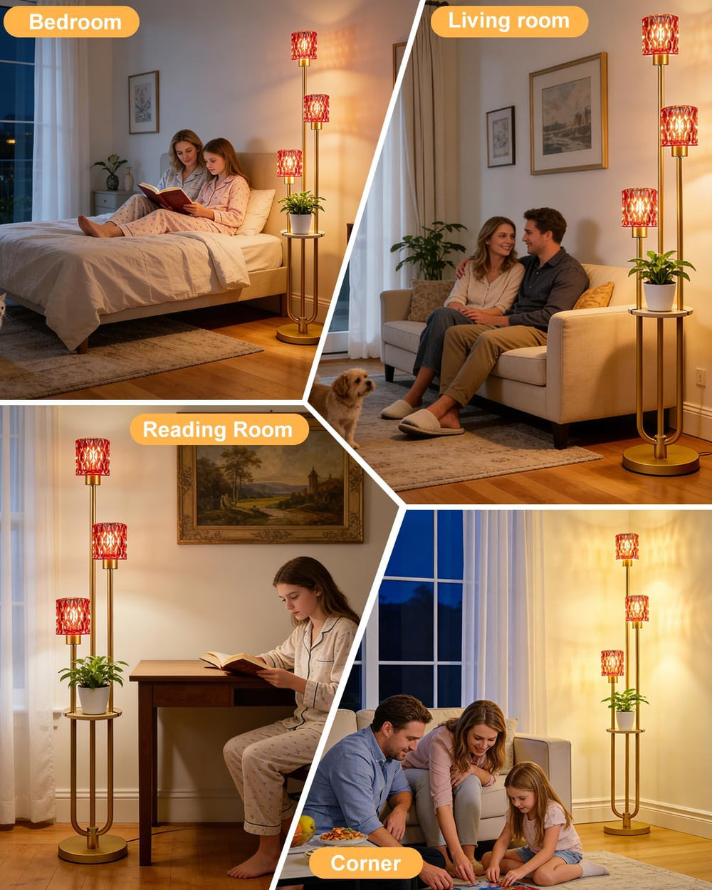 62IN Gold Floor Lamp with Deep Red Glass Shade 3-Lights Mid-Century Modern Fa...