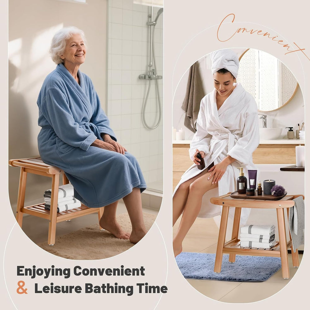 Bamboo Shower Stool Bench,Shower Chair for Inside Shower with Storage Shelf