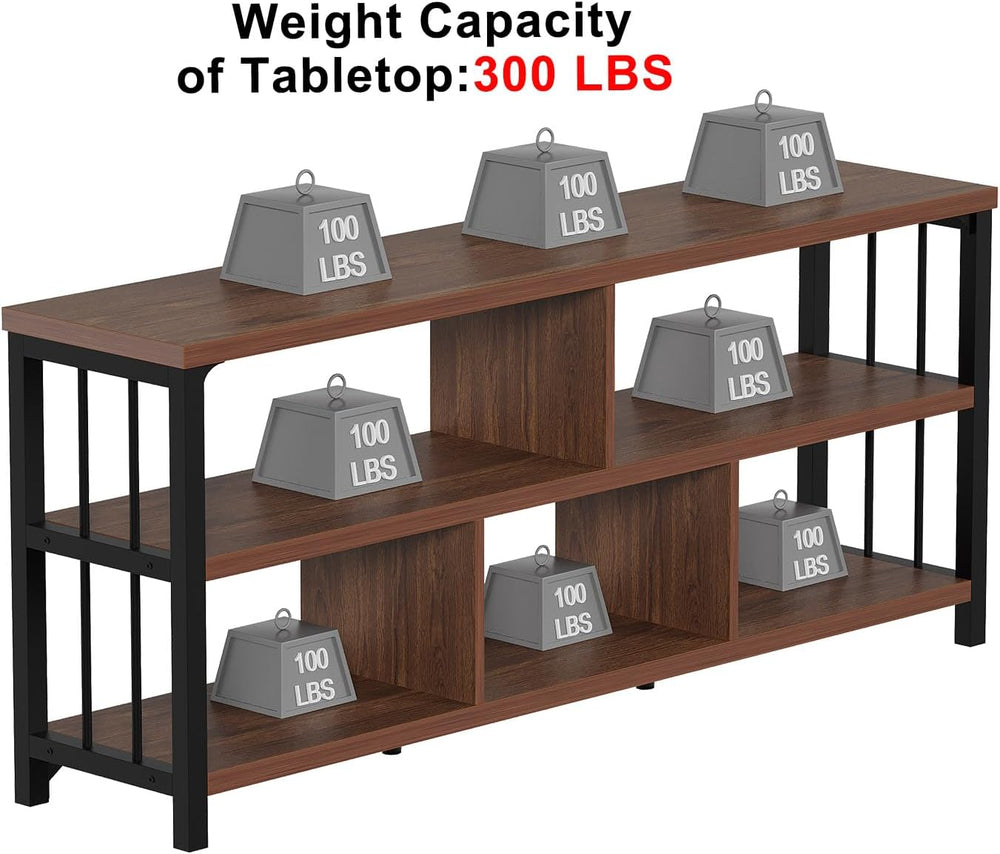 IBF 63” Long Horizontal Bookshelf, Wide Low Open Wood Bookcase, Walnut