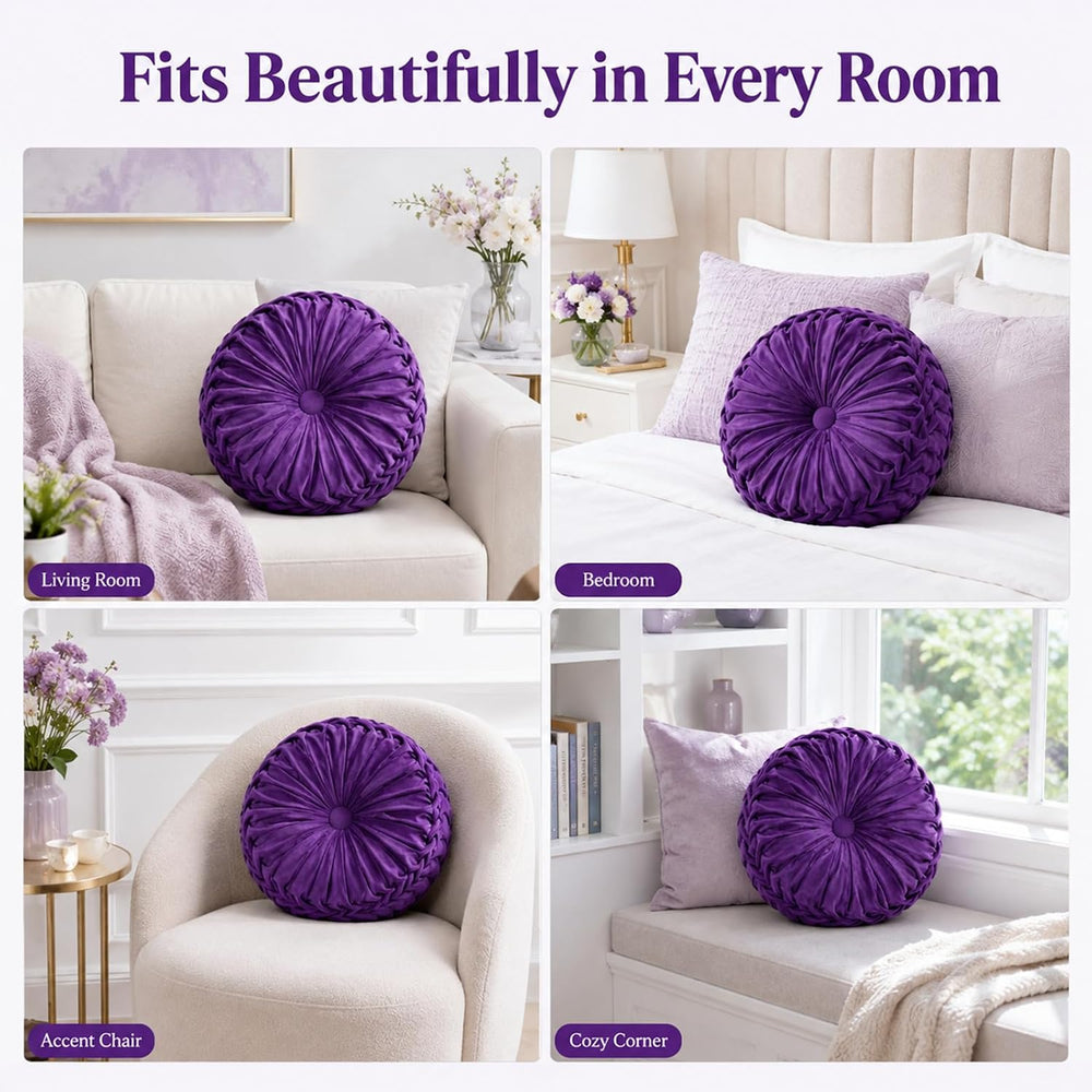 Drydiet 2 Pcs Round Throw Velvet Pillows Decorative Pleated Throw Pillows Dia...