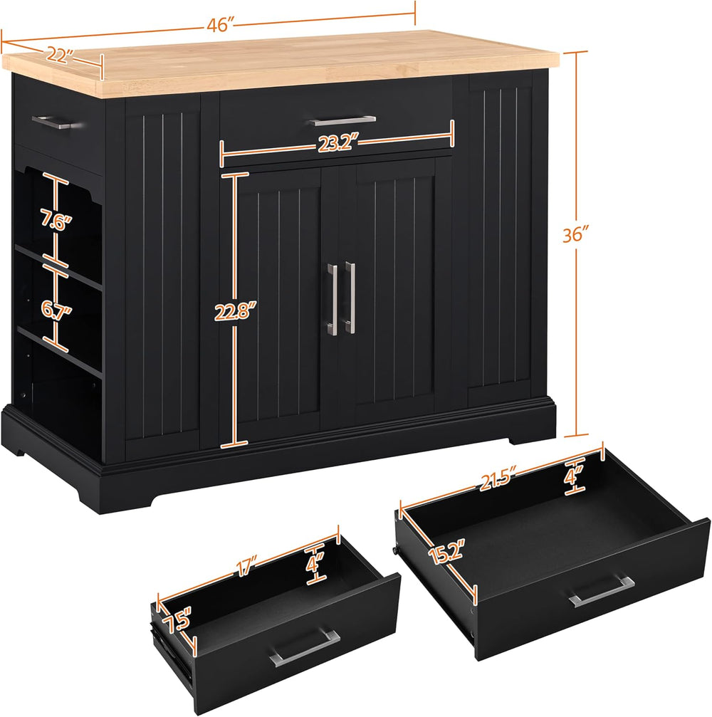 Yaheetech Rolling Kitchen Island Cart with 3 Drawers & Open Shelves, Black